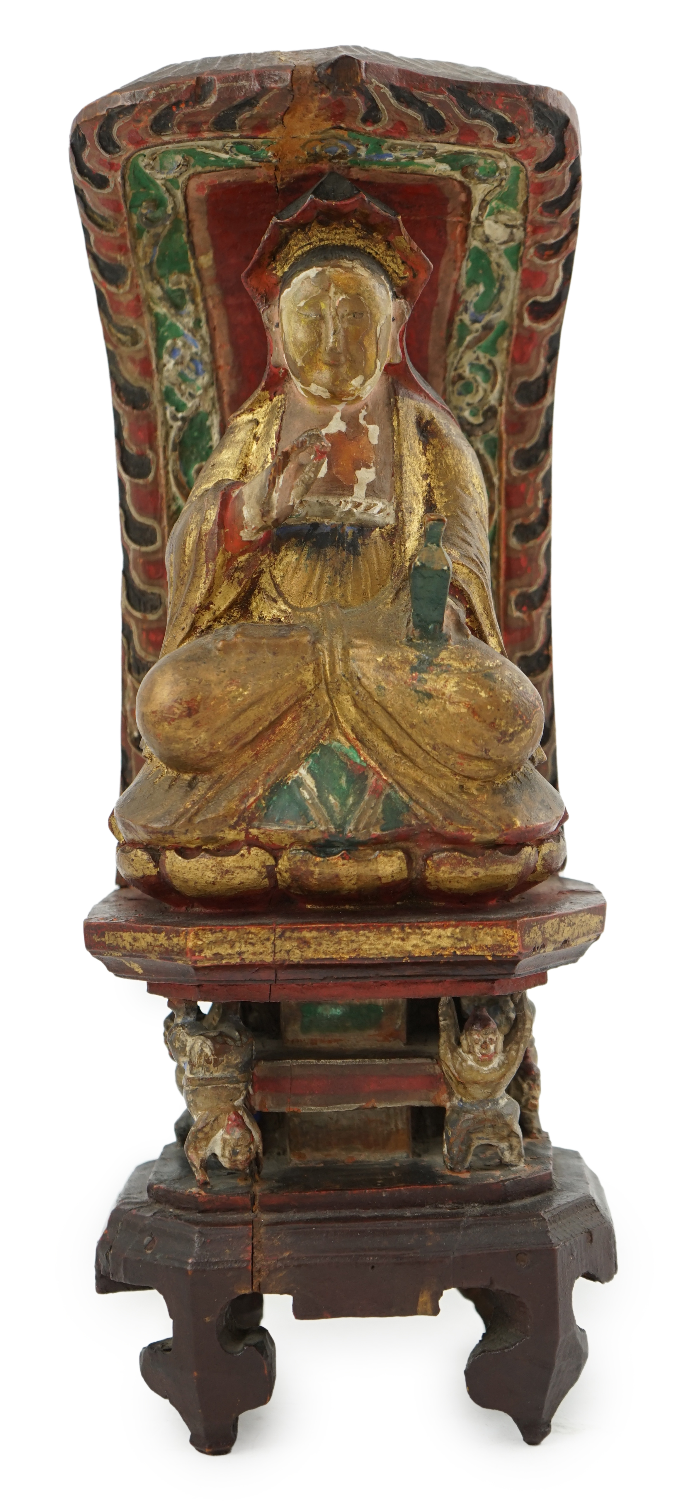 A Chinese polychrome and giltwood seated figure of Guanyin, Guangxu period inscription for the first year of his reign, c.1875